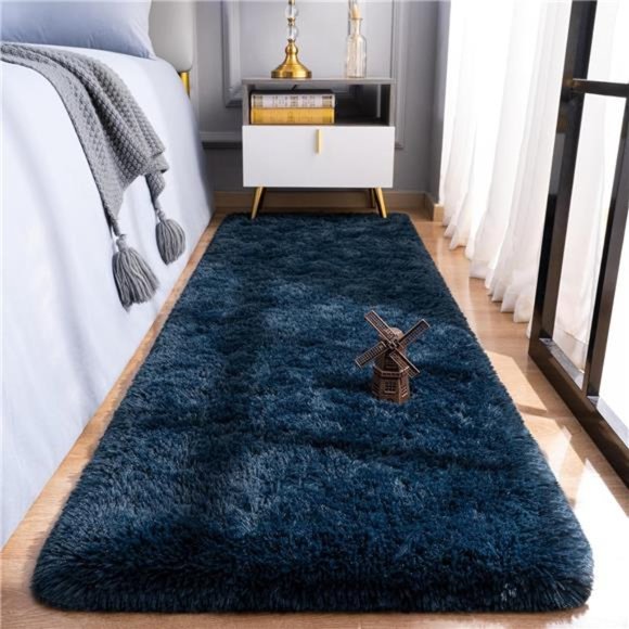 SoftShag Runner Rug for Bedroom,2x6 Feet Fluffy Rugs with Non-Slip,DarkNavy Blue - Picture 1 of 6